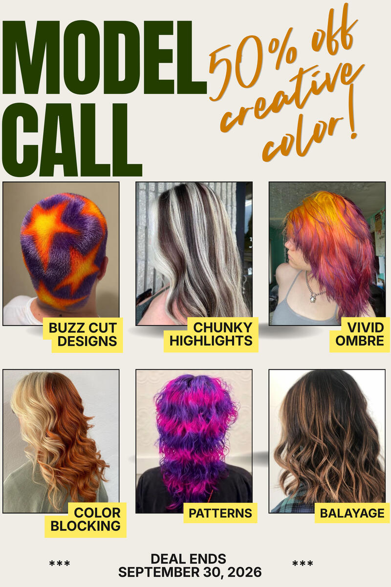 Model Call for Creative Color! Model call image with examples of creative color patterns